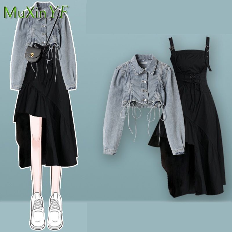 Denim Jacket Vintage - ชุดเซ็ตเดรสผู้หญิงสไตล์เกาหลี ฤดูใบไม้ผลิ/ฤดูใบไม้ร่วง ปี 2026 แจ็คเก็ตยีนส์สั้นทรงวินเทจสุดหรู+กระโปรงสายเดี่ยวทรงไม่สมมาตร ชุดสองชิ้น