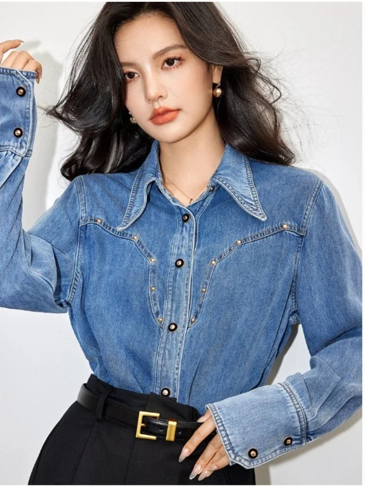 Denim Jacket Vintage - เสื้อเบลาส์ผู้หญิงดีไซน์เสื้อเชิ้ตผ้าเดนิมวินเทจแจ็กเก็ตฤดูใบไม้ผลิฤดูใบไม้ร่วงกระดุมแถวเดียวแขนยาวเสื้อสำนักงานผู้หญิงโค้ทสีฟ้าเก๋ไก๋ใหม่