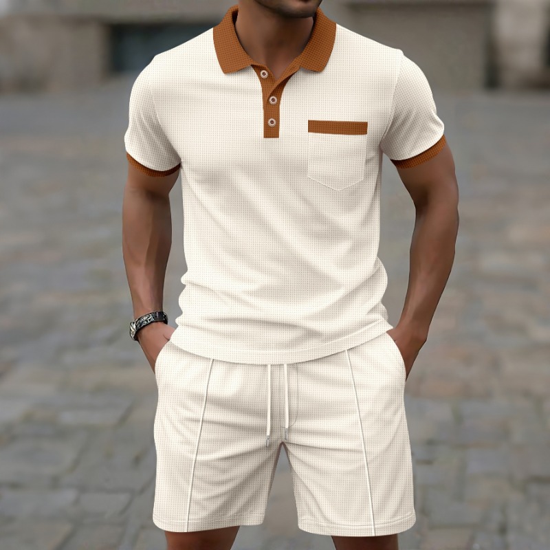 Mens Fashion Clothes - แฟชั่นฤดูร้อนปี 2026 ล่าสุด เสื้อเชิ้ตคอปกตัดสีสไตล์สปอร์ตเทรนดี้ลำลองสำหรับผู้ชาย และกางเกงขาสั้นแบบมีเชือกผูก ชุดลำลองแฟชั่น