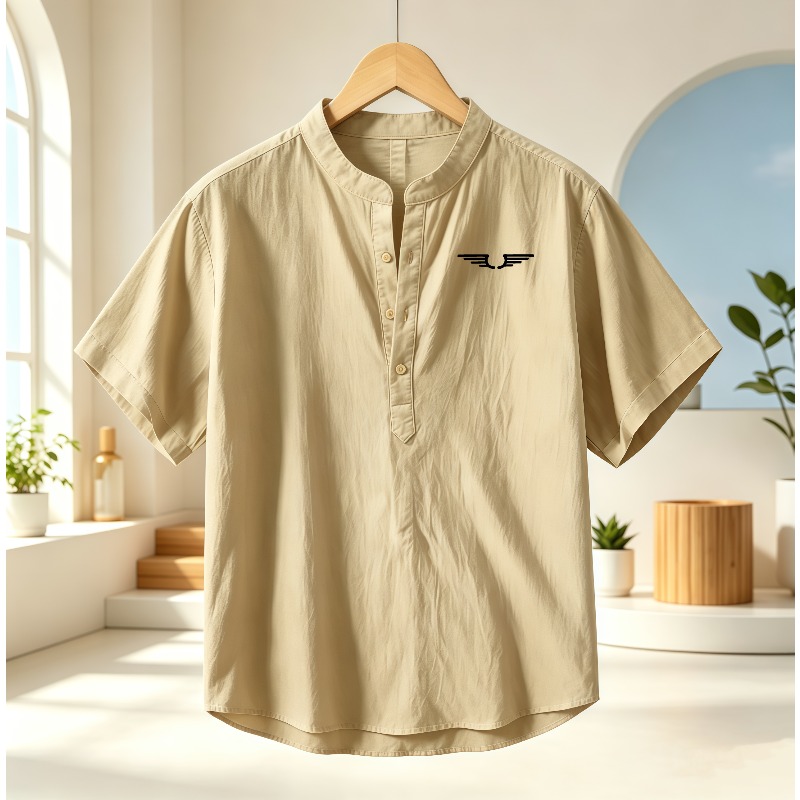 Linen Shirt Summer - เสื้อเชิ้ตแขนสั้นคอเฮนลีย์ผ้าฝ้ายและผ้าลินินสำหรับผู้ชาย พิมพ์ลายระบายอากาศได้ดี สวมใส่สบาย ทรงหลวม น้ำหนักเบา