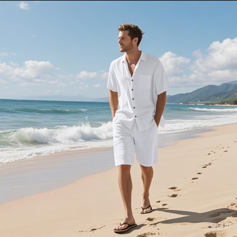 Linen Shirt Summer - ชุดเสื้อเชิ้ตคอปกผ้าลินินผสมและกางเกงขาสั้นสำหรับผู้ชาย ชุดลำลองสองชิ้น ระบายอากาศได้ดี เหมาะสำหรับวันหยุดพักผ่อนที่ชายหาด ชุดฤดูร้อน
