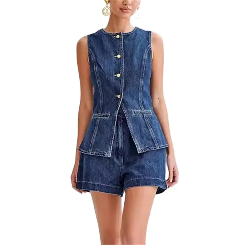 Denim Jacket Vintage - ชุดสูทผ้ายีนส์ผ่าหลังสำหรับผู้หญิงชุดสองชิ้นกางเกงเอวสูงมีกระดุมผ่าหน้าแขนกุดชุดลำลองย้อนยุค2024