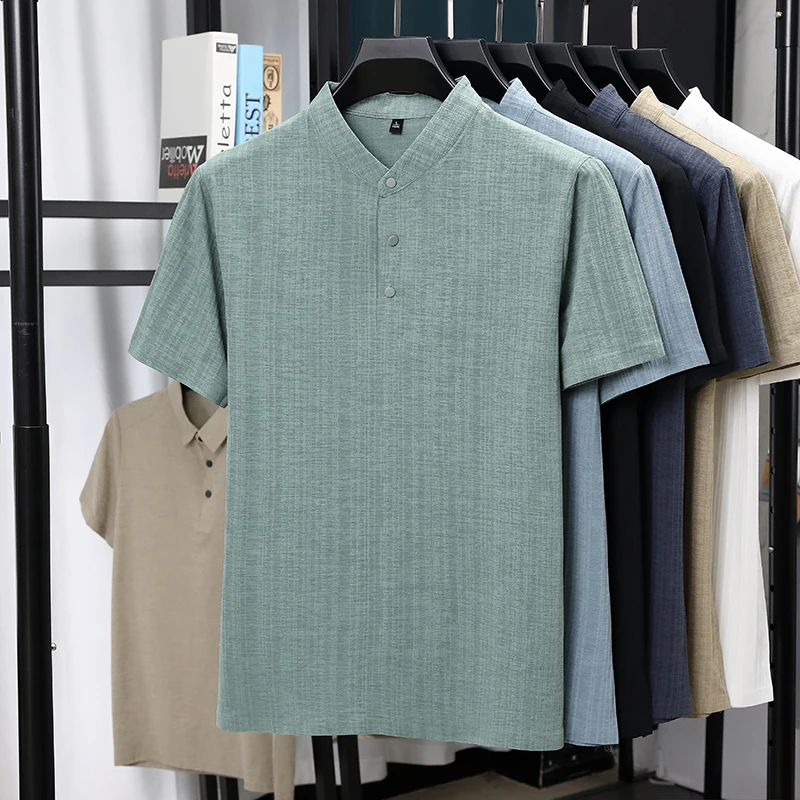 Linen Shirt Summer - เสื้อเชิ้ตแขนสั้นคอจีนผ้าลินินเนื้อสัมผัสพิเศษสำหรับผู้ชาย สวมใส่สบาย ระบายอากาศได้ดี ไม่ยับง่าย เหมาะสำหรับฤดูร้อน