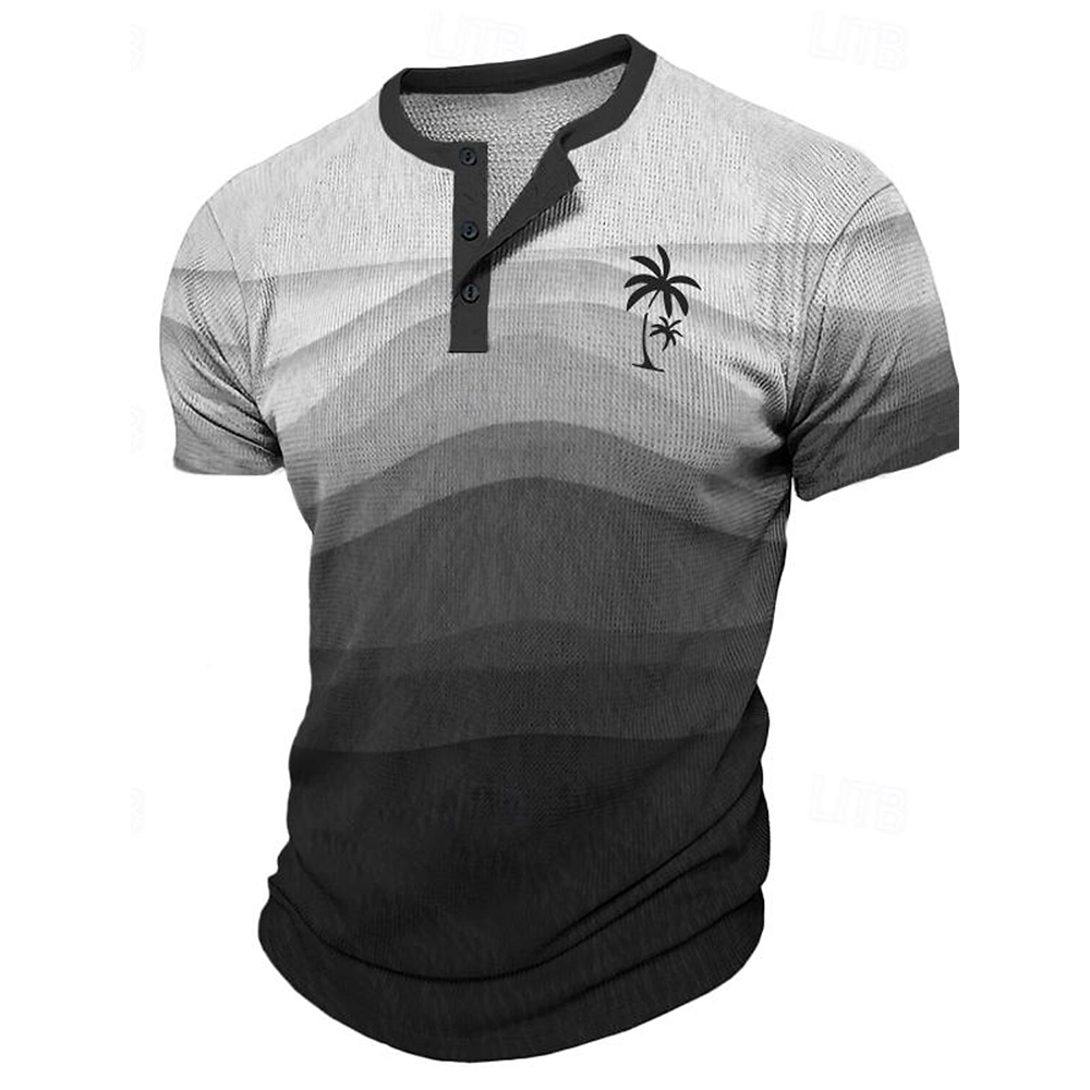 Mens Fashion Clothes - เสื้อยืดผู้ชายลายต้นมะพร้าว 3 มิติ สไตล์เฮนลีย์ แฟชั่นเสื้อเชิ้ตแขนสั้นติดกระดุม เสื้อยืดลำลองทรงหลวม