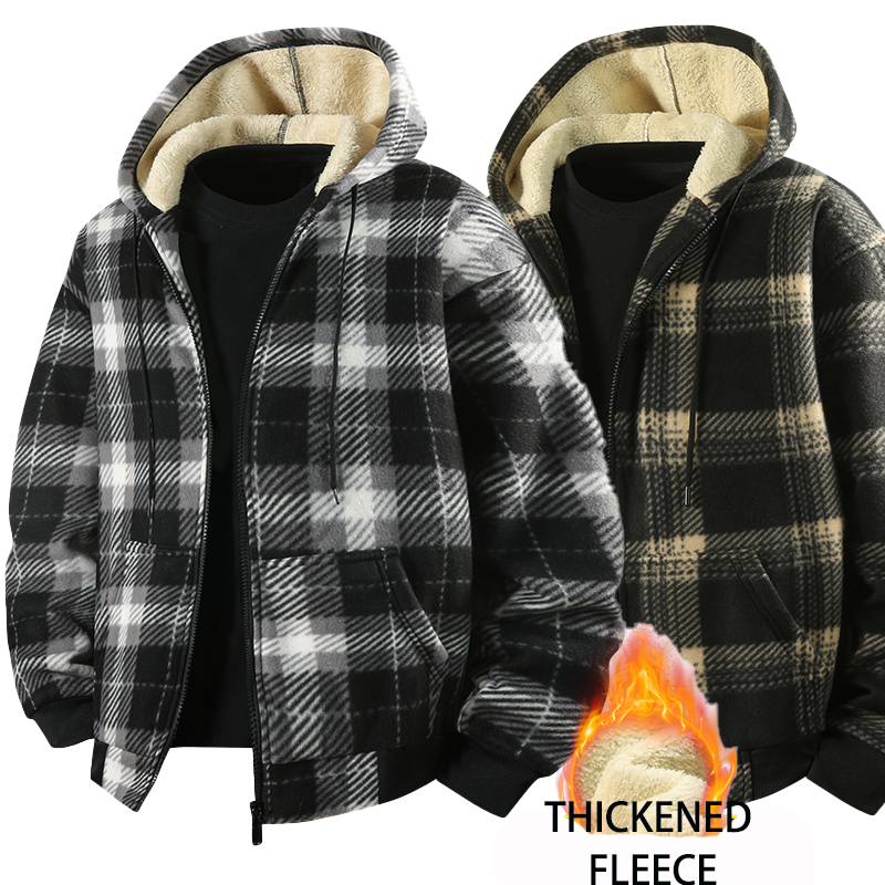 Men'S Fashion Line - เสื้อแจ็คเก็ตเชิ้ตลายสก็อตมีฮู้ดบุผ้าฟลีซสำหรับผู้ชายแฟชั่นใหม่