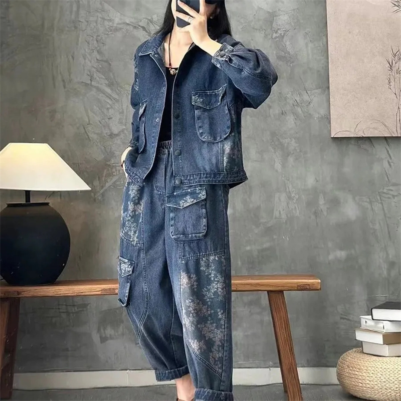 Denim Jacket Vintage - 2025 ฤดูใบไม้ร่วงDenimแจ็คเก็ตชุดลายสก๊อตลายเสื้อแฟชั่นชุดสตรี 2022 ฤดูใบไม้ผลิใหม่เสื้อสบายๆกางเกงยีนส์ 2 ชิ้นชุด