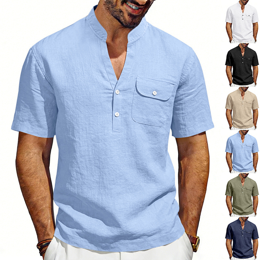 Linen Shirt Summer - เสื้อเชิ้ตเฮนรี่แขนสั้นผ้าลินินสำหรับฤดูร้อน ทรงหลวม สไตล์เรียบง่าย สำหรับผู้ชาย วัยทำงาน ใส่สบายๆ