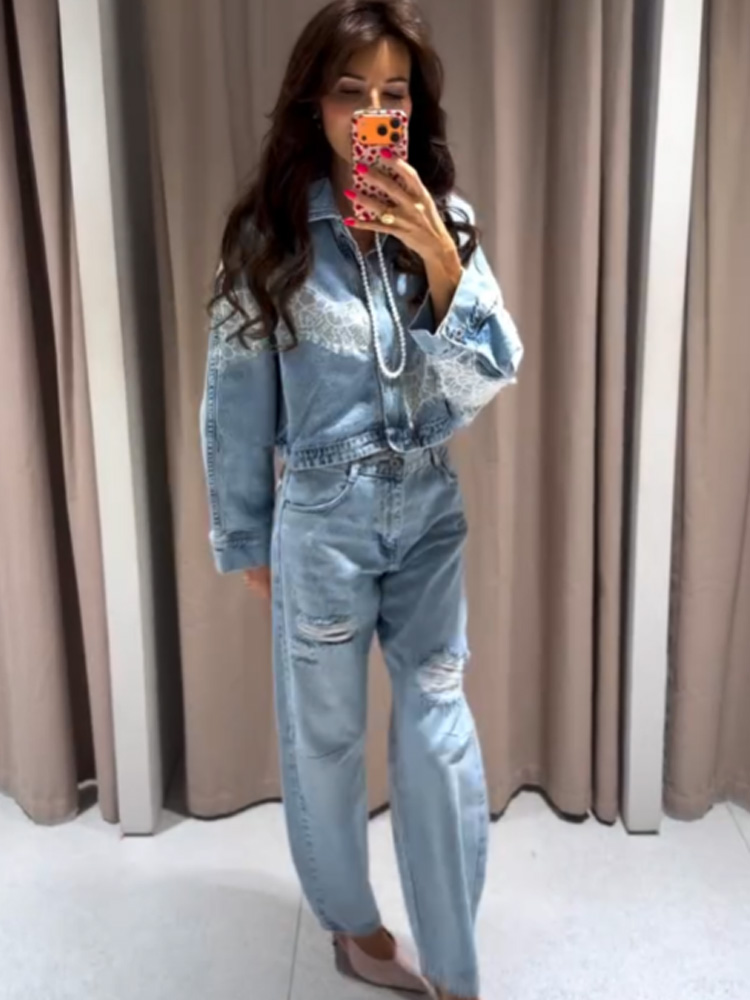 Denim Jacket Vintage - ชุดเซ็ต 2 ชิ้น เสื้อแจ็คเก็ตเดนิมแขนยาวปกผ้าลูกไม้ติดกระดุมแถวเดียวสไตล์ชิคสำหรับผู้หญิง HH Spring