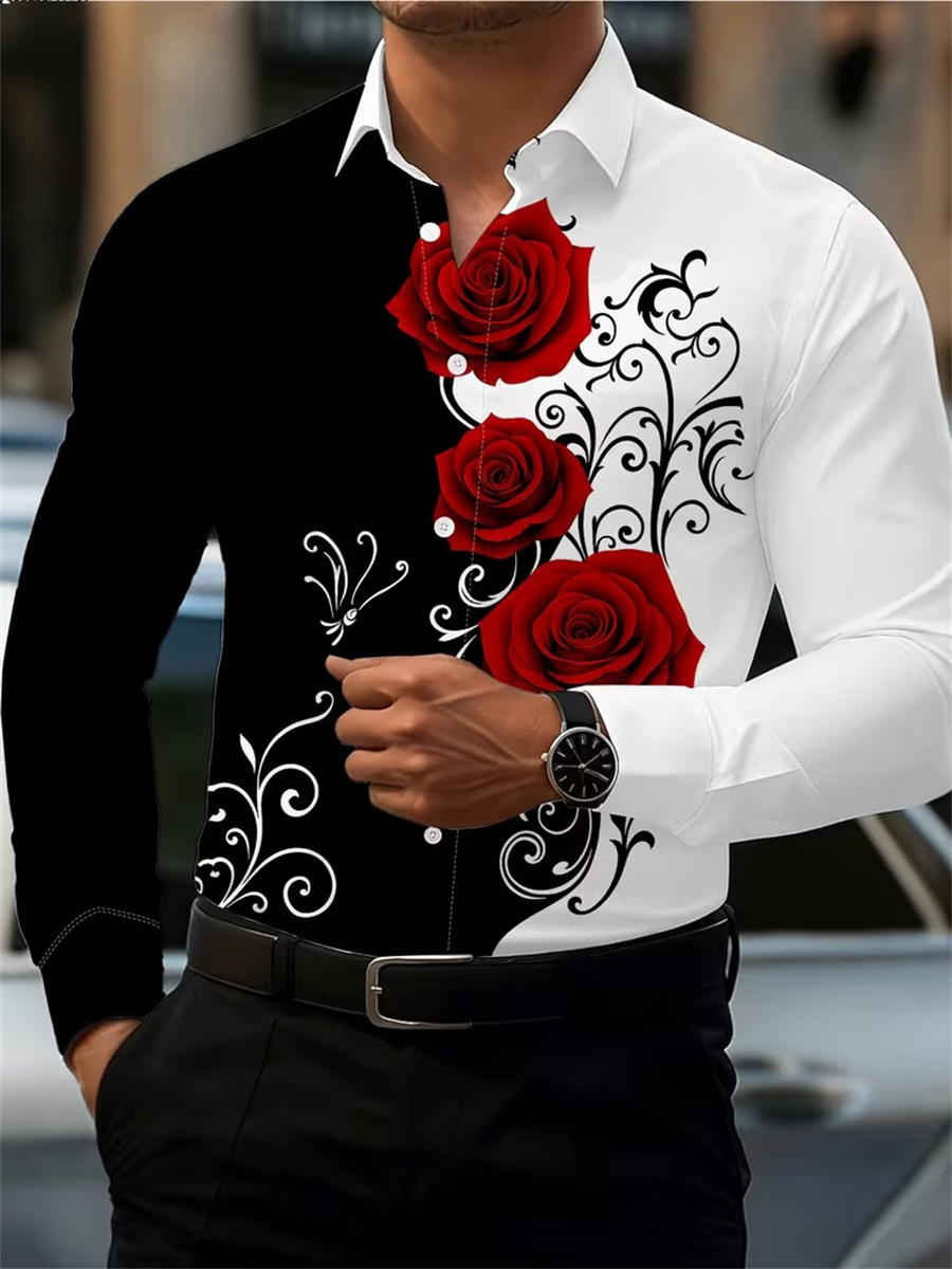Mens Fashion Casual Outfits - เสื้อเชิ้ตแขนยาวพิมพ์ลายดอกกุหลาบสีแดงสำหรับผู้ชาย ทันสมัยและลำลอง