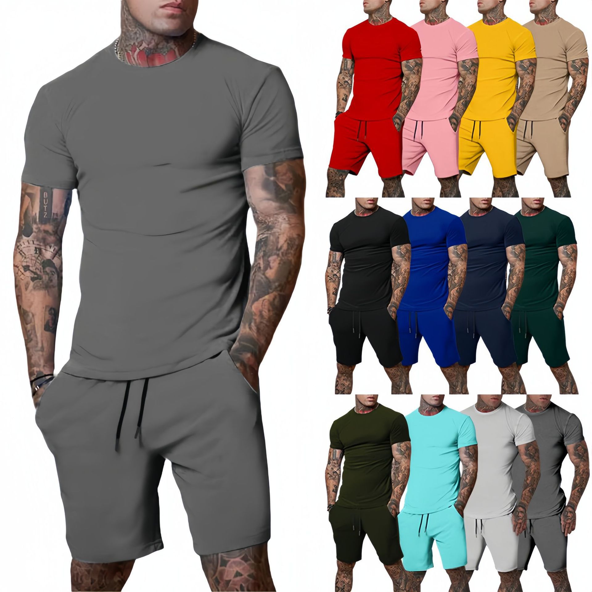 Mens Fashion Clothes - ชุดกีฬากลางแจ้งฤดูร้อนที่ทันสมัยและสบายๆ เสื้อยืดระบายอากาศของผู้ชาย กางเกงขาสั้น ชุดลำลองและทันสมัยแบบสองชิ้น