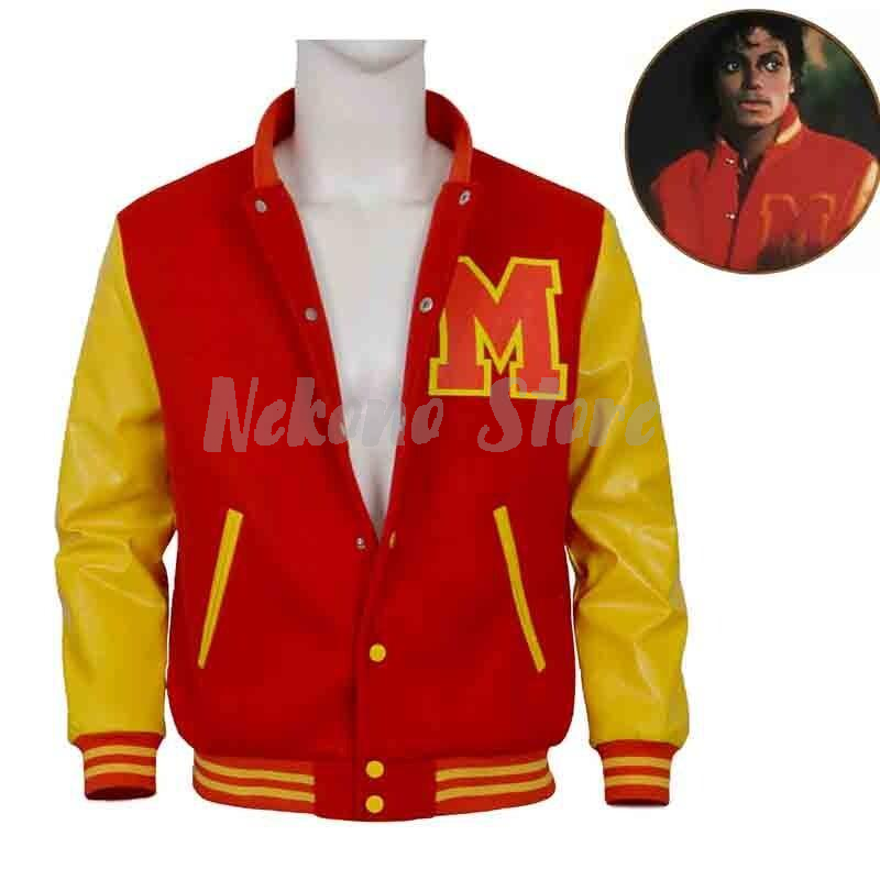 Bomber Jacket Men - เสื้อแจ็คเก็ตสไตล์เรโทรคลาสสิกของไมเคิล แจ็คสัน สีแดงเหลืองแบบคัลเลอร์บล็อก เสื้อแจ็คเก็ตบอมเบอร์สำหรับผู้ชาย ชุดคอสตูมสำหรับการแสดง ชุดลำลองประจำวัน