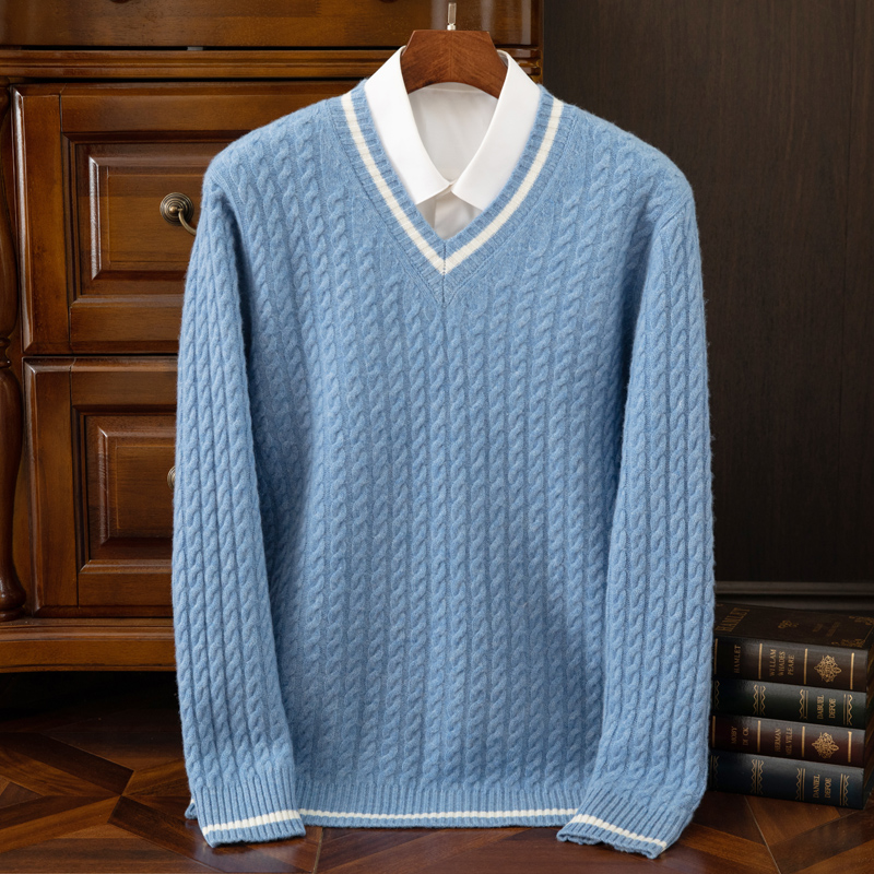 Knitted Cardigan Men - เสื้อสเวตเตอร์แคชเมียร์แท้ 100% หนานุ่ม รุ่นใหม่สำหรับฤดูใบไม้ร่วงและฤดูหนาว คอวี ลายถัก