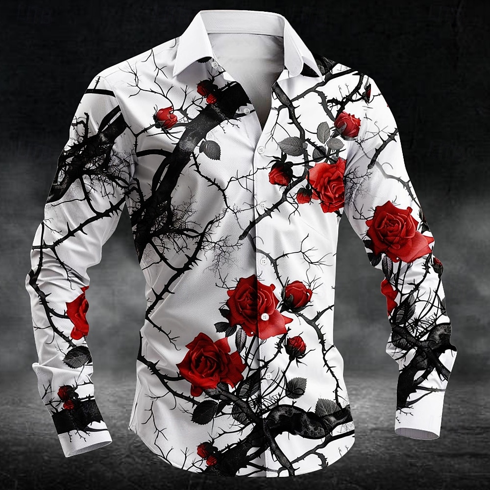 Mens Fashion Casual Outfits - เสื้อเชิ้ตลายดอกพลัมแฟชั่น พิมพ์ลาย 3 มิติ แขนยาวสำหรับผู้ชาย เสื้อเชิ้ตศิลปะ