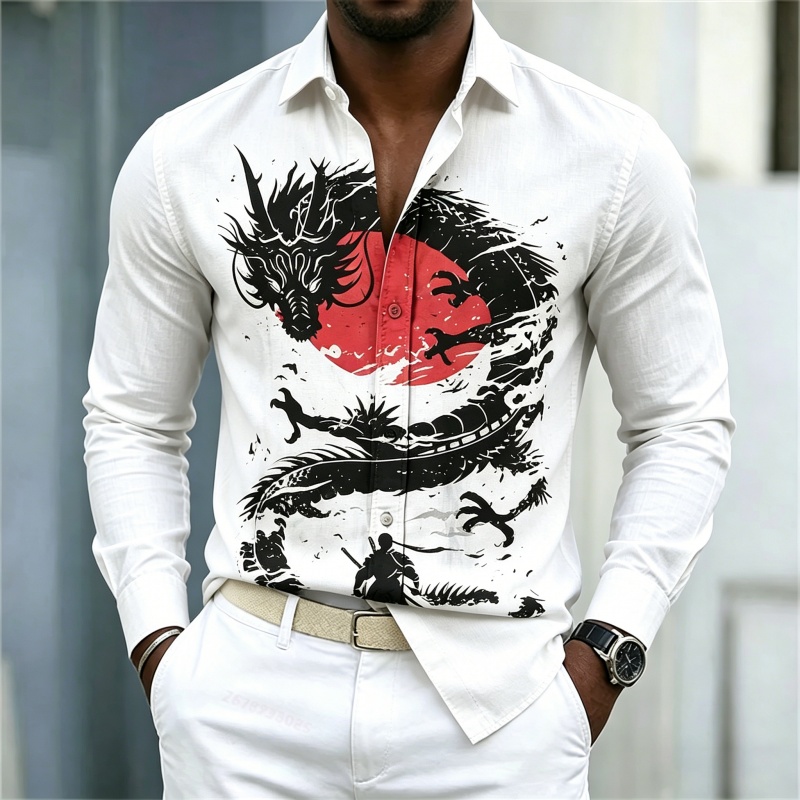 เสื้อเชิ้ตผู้ชายลายมังกรสีขาวด - Mens Fashion Casual Outfits บทวิจารณ์และราคา