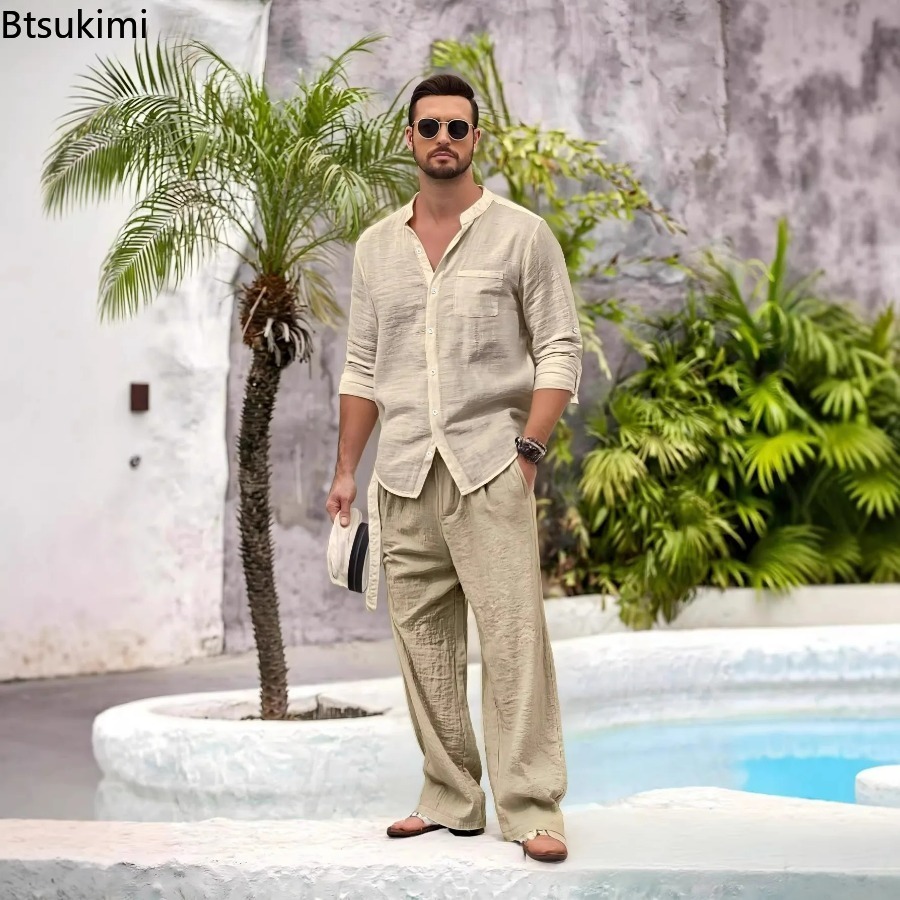 ชุดลำลองผู้ชายผ้าฝ้ายลินิน 2 ช - Linen Shirt Summer บทวิจารณ์และราคา
