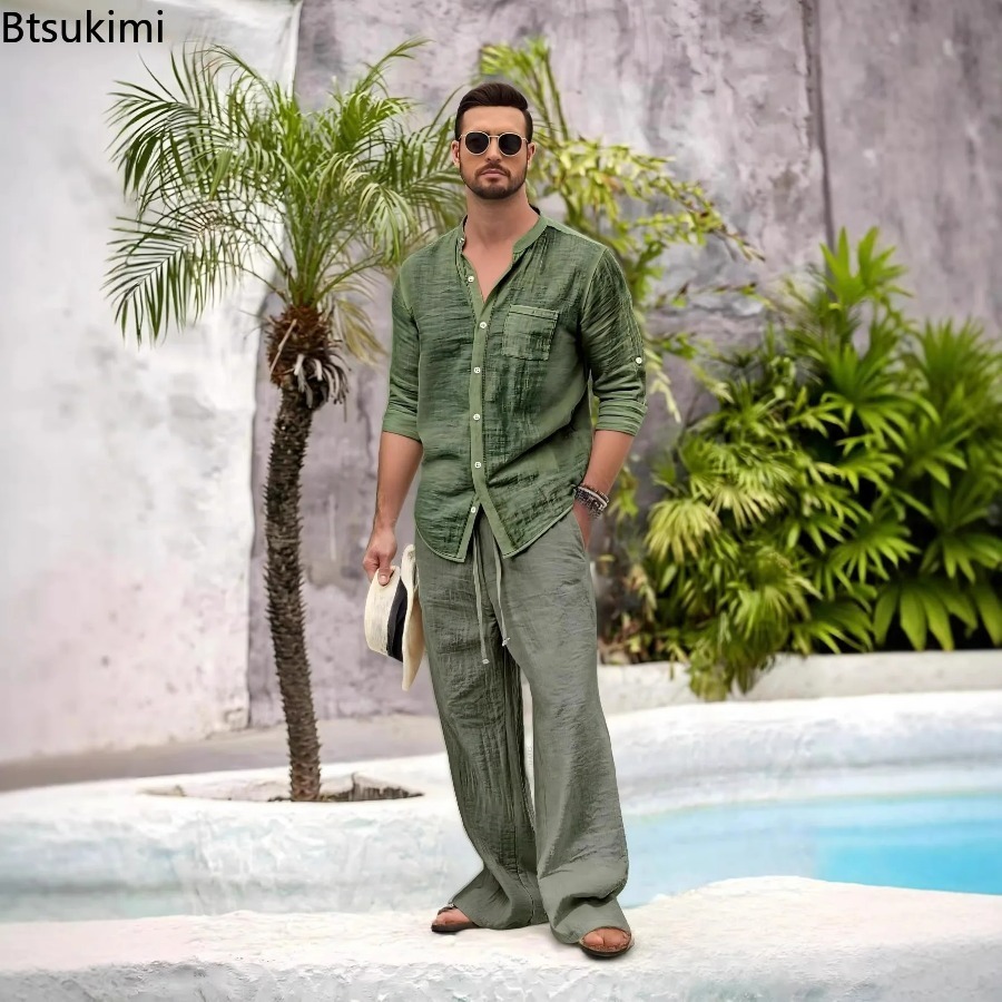 ชุดลำลองผู้ชายผ้าฝ้ายลินิน 2 ช - Linen Shirt Summer บทวิจารณ์และราคา