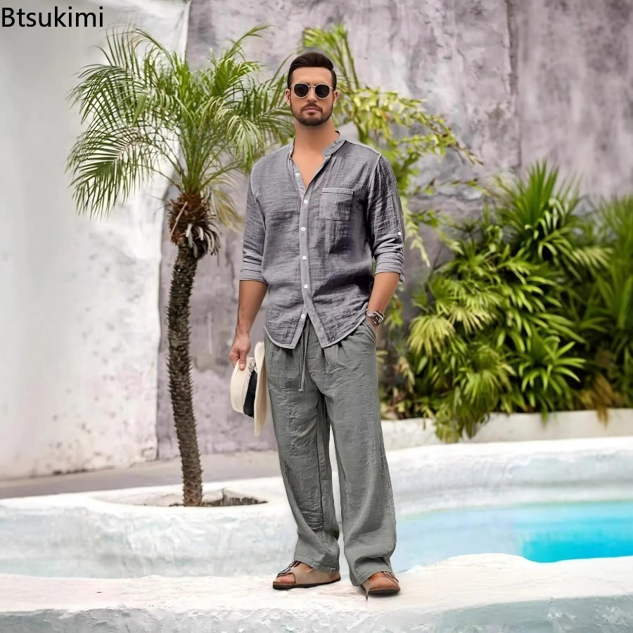 ชุดลำลองผู้ชายผ้าฝ้ายลินิน 2 ช - Linen Shirt Summer บทวิจารณ์และราคา